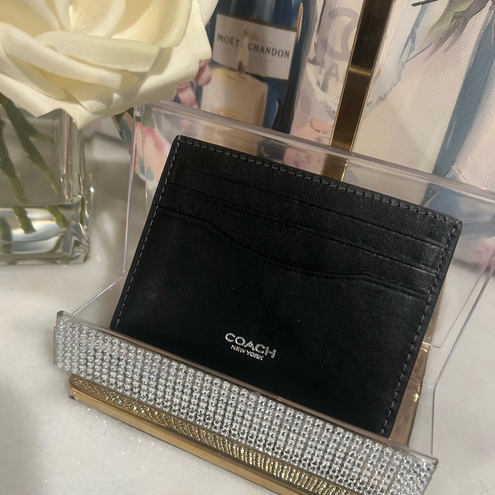 Coach Black Leather Card Case with Silver Logo. Engraved LOU